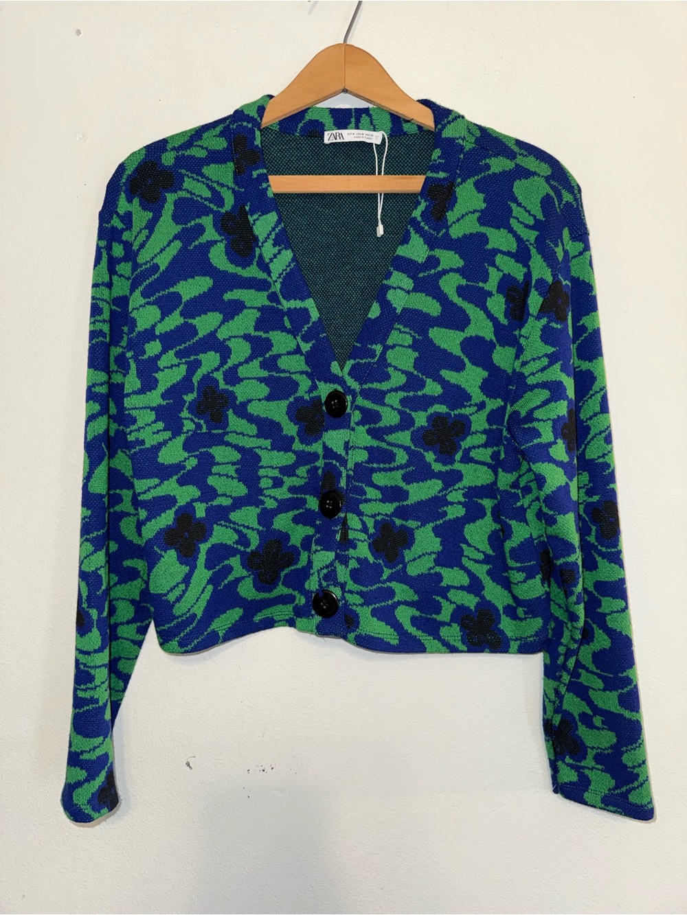 Zara Floral Jacquard Blue & Green Cropped Cardigan Size Medium